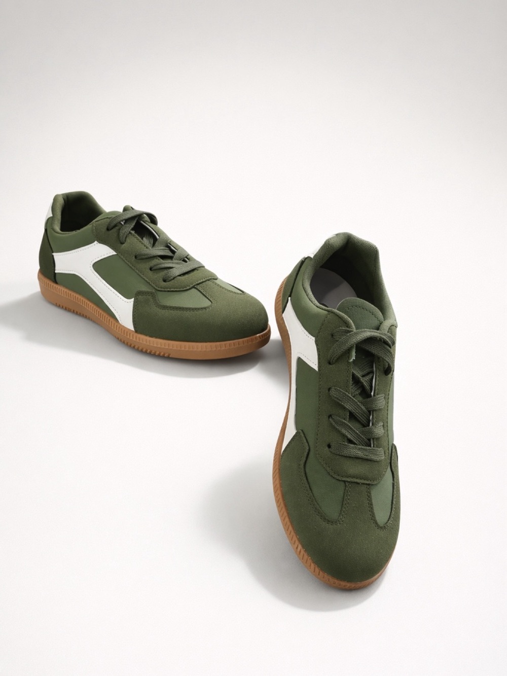 Women's Olive Green Retro Trainer Sneakers with White Side Detail